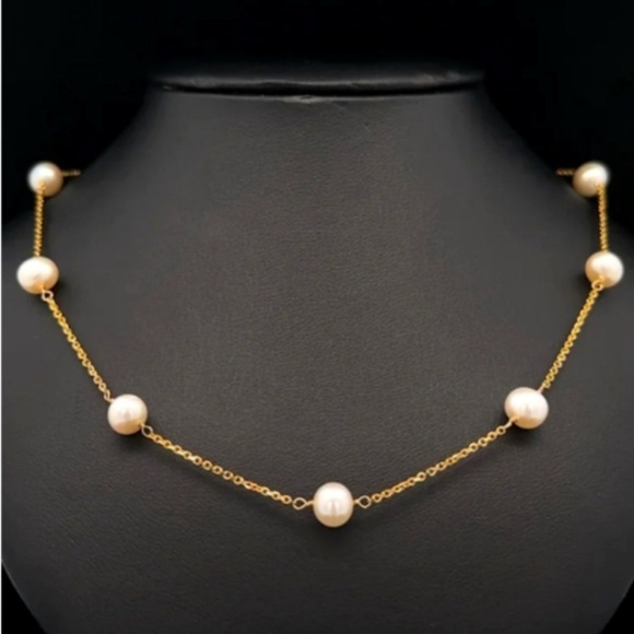 14k Gold Akoya Pearl Station Necklace - Picture 1 of 2